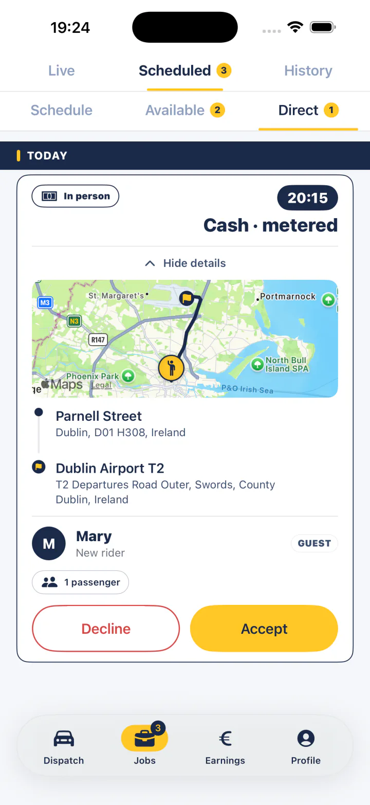 A direct booking request in the FairTaxi Driver Direct tab on iPhone, with Accept and Decline