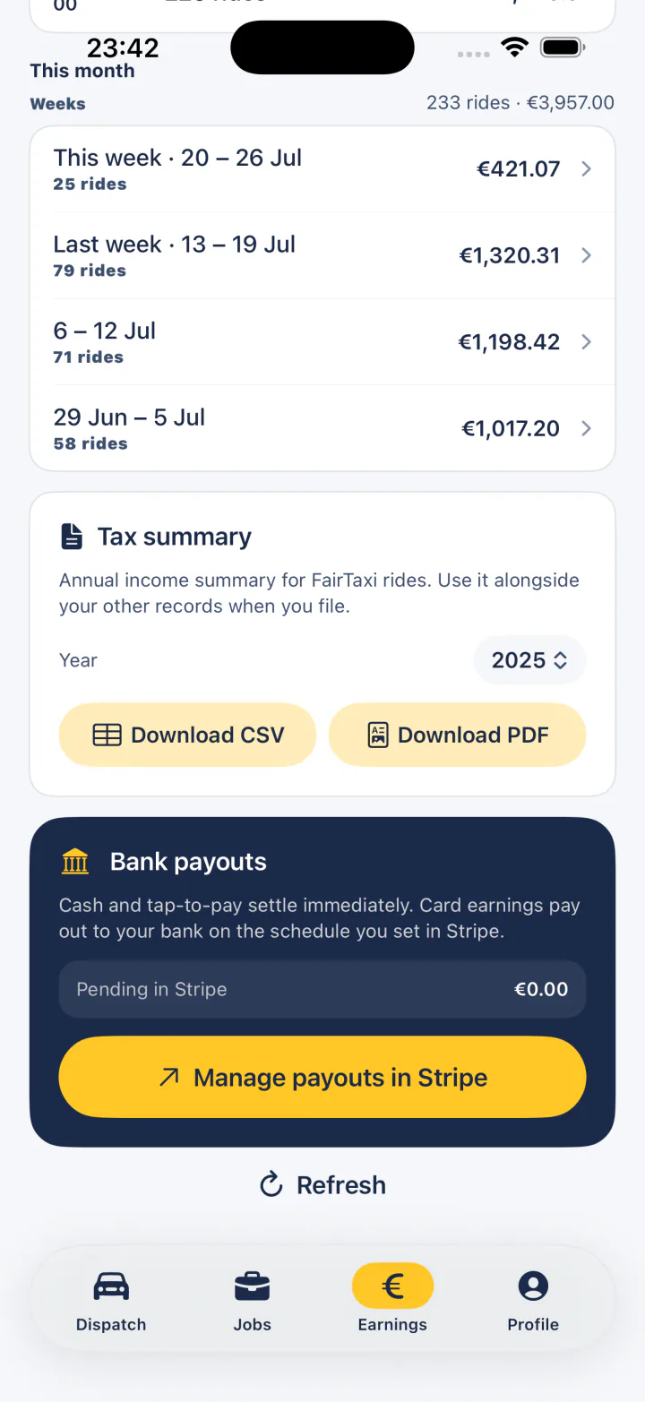 FairTaxi Driver weekly earnings and tax summary on iPhone, with CSV and PDF download