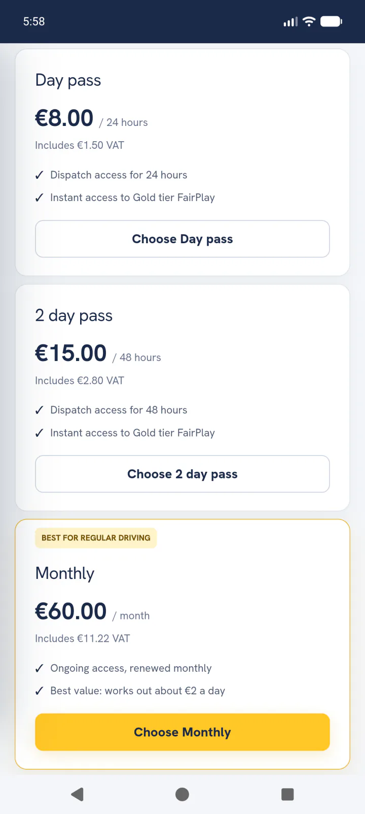 FairTaxi Driver subscription plans on Android: day pass €8, two-day pass €15, monthly €60
