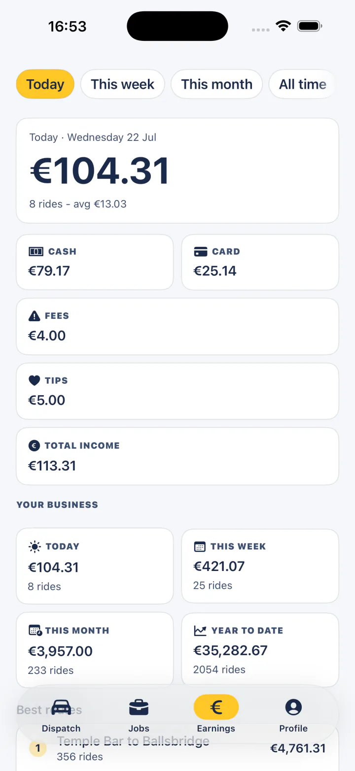FairTaxi Driver earnings on iPhone: today's fares split into cash, card and tips