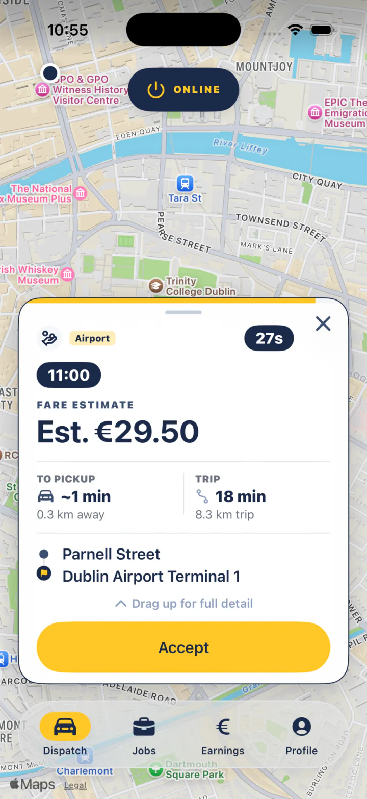 FairTaxi Driver app on iPhone: an incoming job offer from Parnell Street to Dublin Airport, estimated fare €29.50