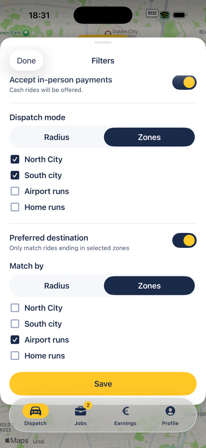 FairTaxi Driver dispatch filters on iPhone: zones or radius mode, pickup zones and ride destinations