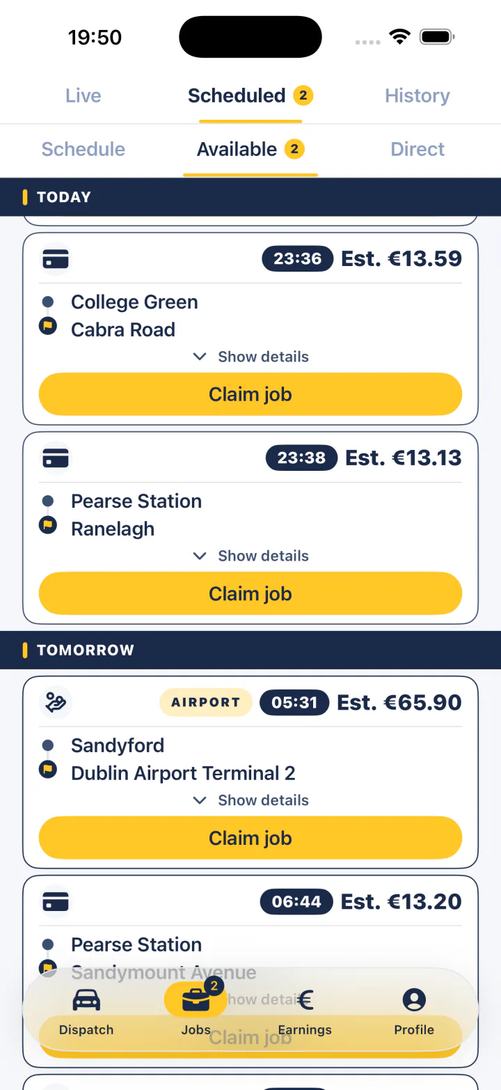 FairTaxi Driver prebook board on iPhone: scheduled rides, each with a Claim job button