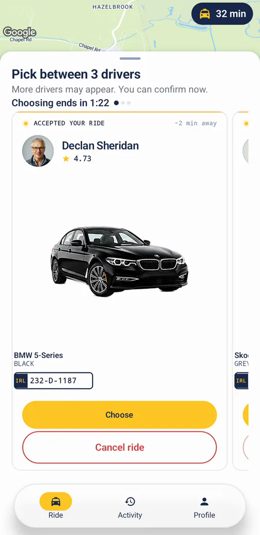 Picking between three driver offers in FairTaxi on Android, each with photo, rating, car and registration