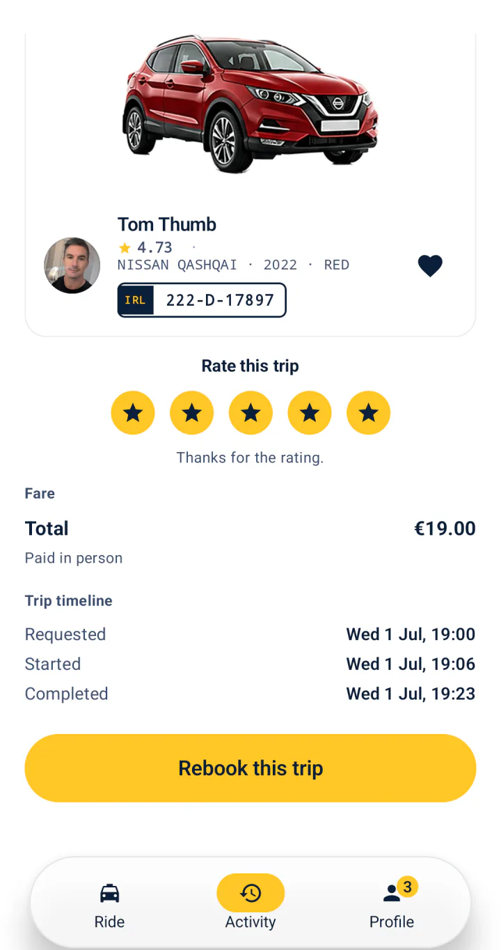 A completed trip in FairTaxi on Android: driver, car, registration and the €19.00 metered fare