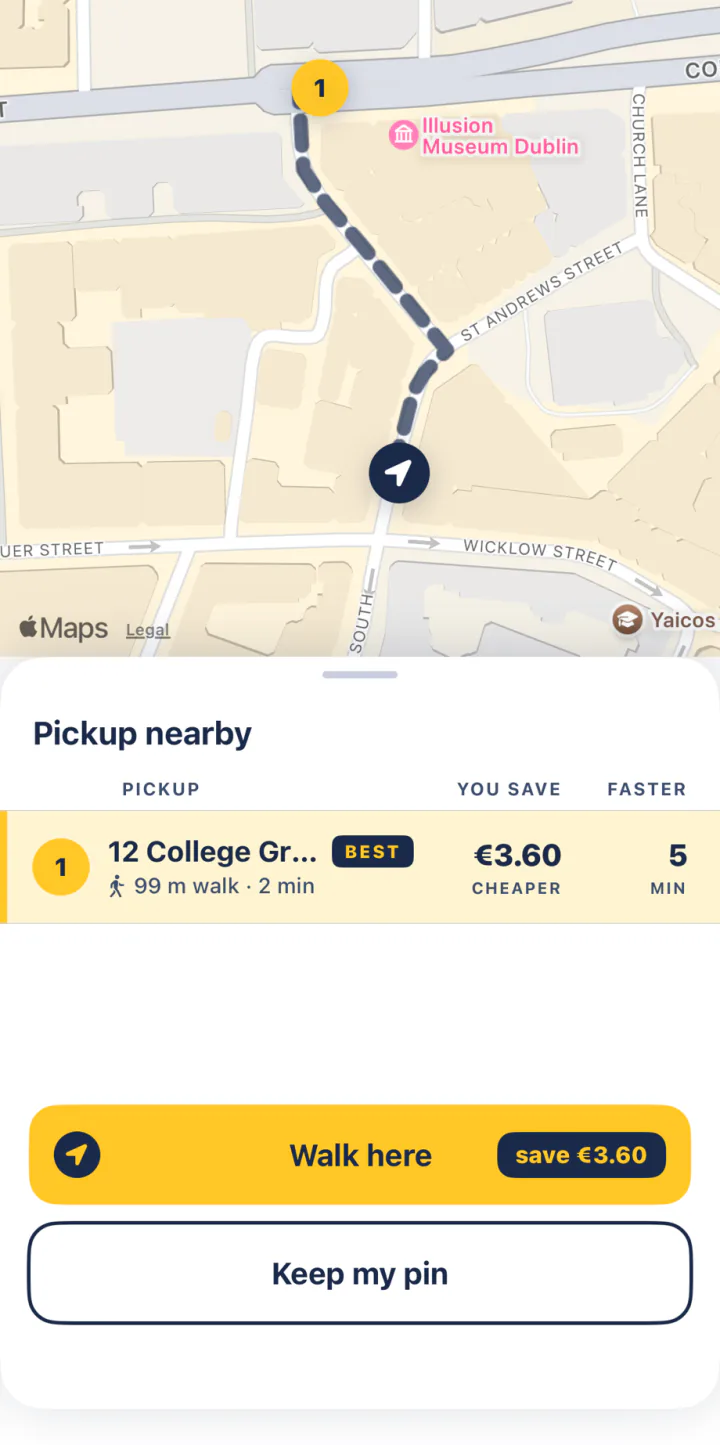 FairTaxi on iPhone suggesting a cheaper pickup nearby: a 99 m walk saves €3.60