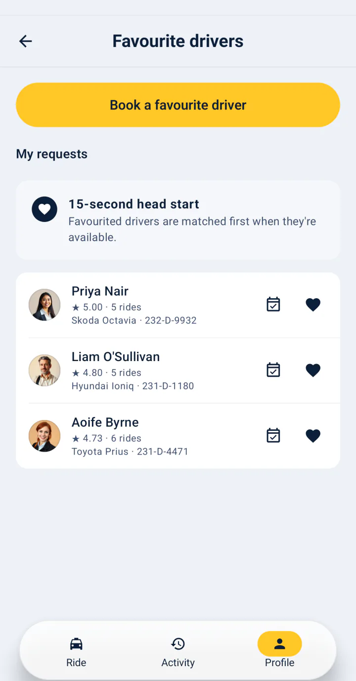 Favourite drivers in FairTaxi on Android, with Book a favourite driver
