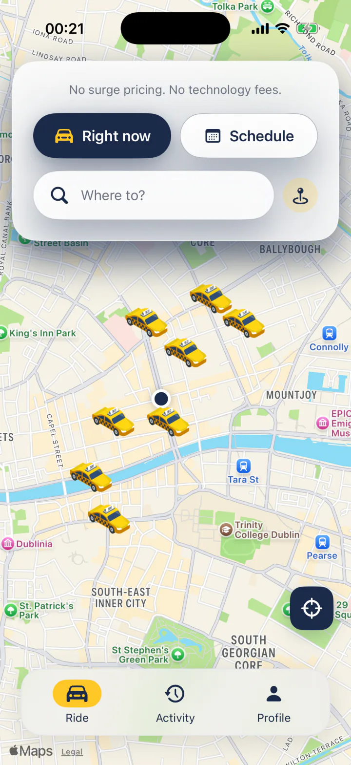 FairTaxi rider app on iPhone booking a taxi on a map of Dublin: no surge pricing, no technology fees