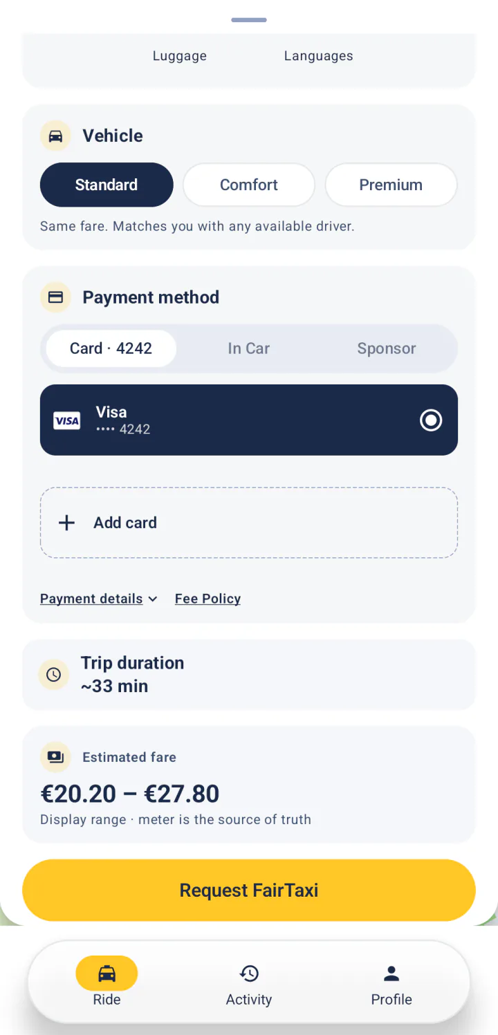 Choosing how to pay in FairTaxi on iPhone: card, in car or sponsor