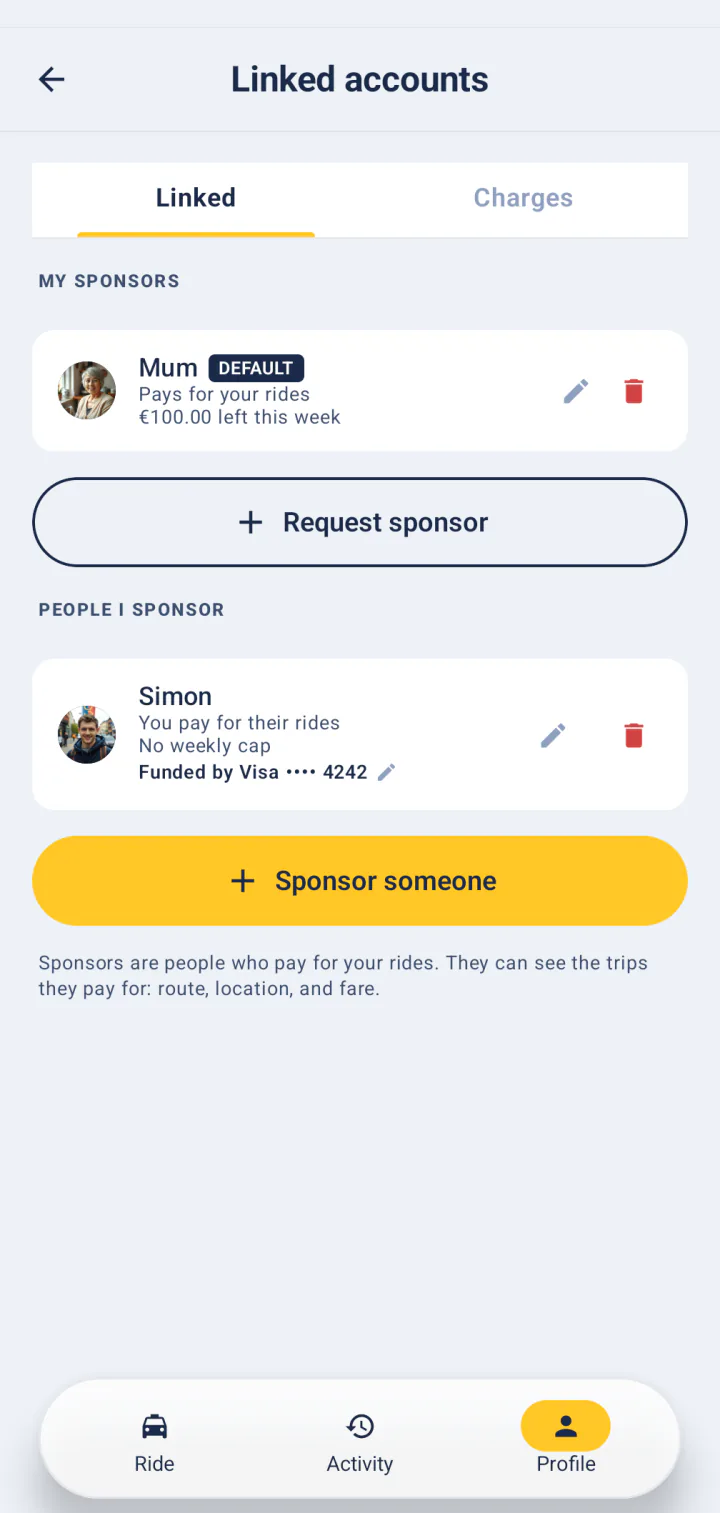 Linked accounts in FairTaxi on Android: a sponsor who pays for your rides up to a weekly limit